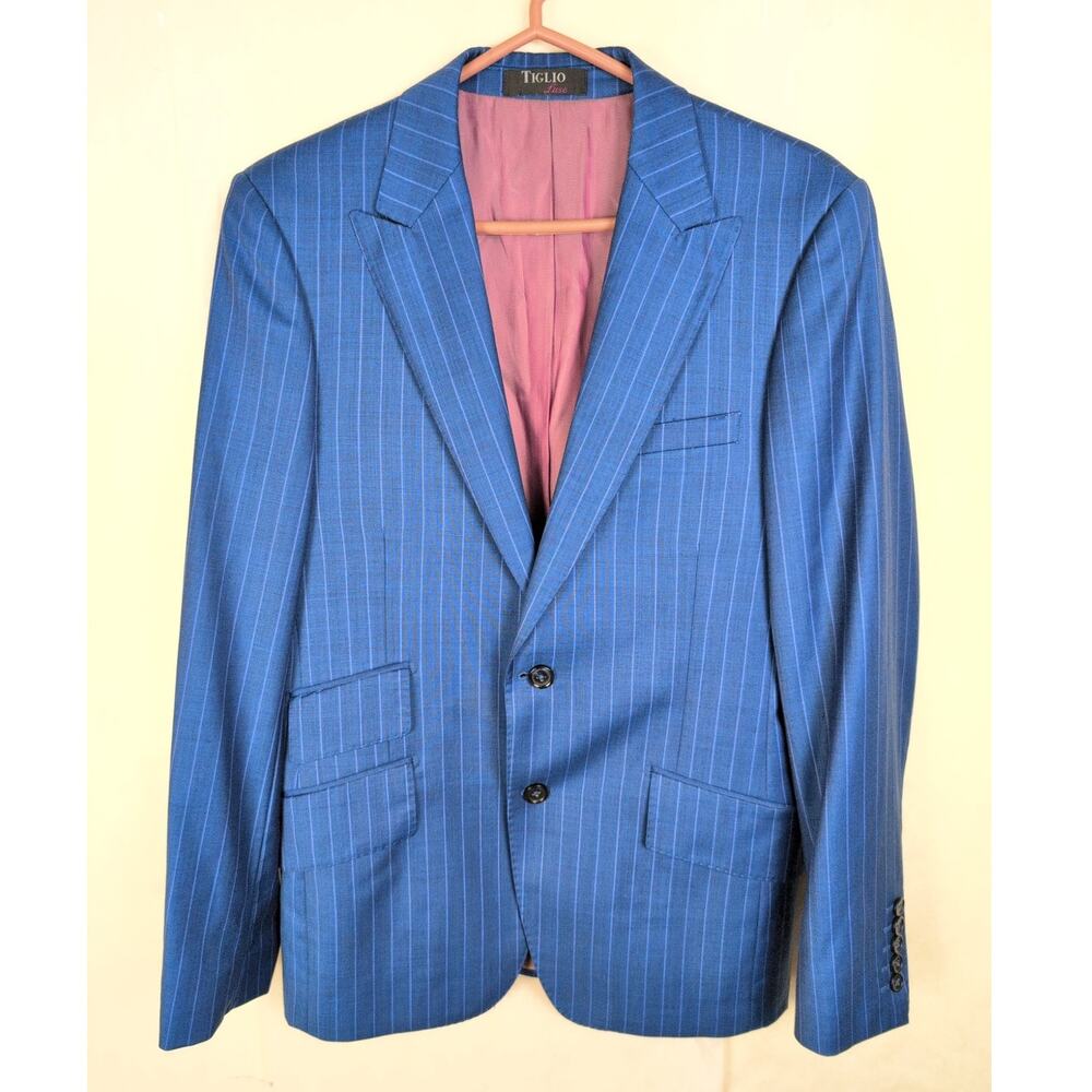 Tiglio Luxe blue pinstripe wool blazer jacket Size 38R Preppy Old Money Classic